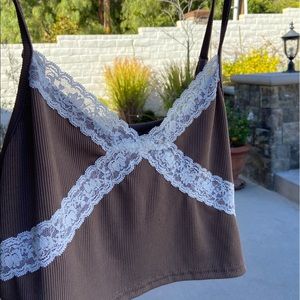 Brown lace ribbed tank top cami, adjustable straps.